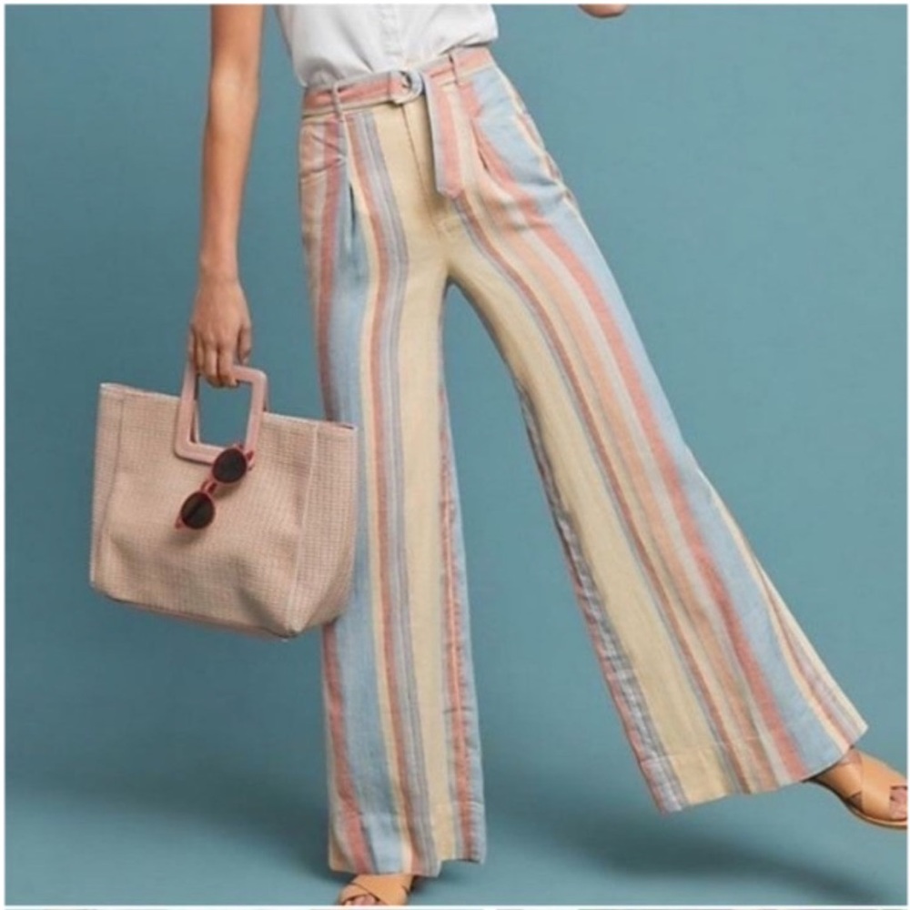 Anthropologie Beachy Wide Leg Pants Striped Women's size 6 LINEN BLEND BELTED